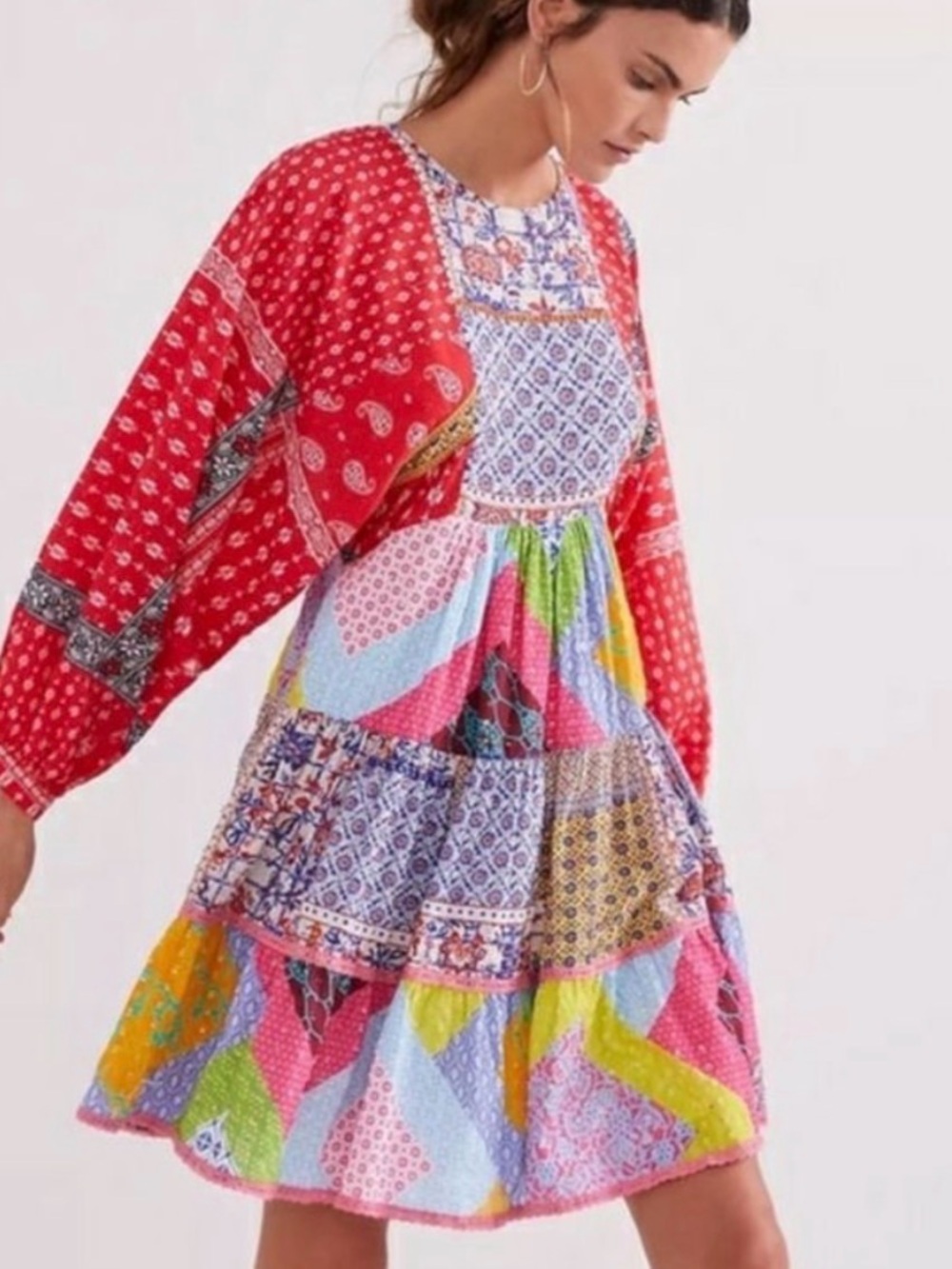 Let Me Be Anthropologie Multicolor Patchwork Tiered Dress Women’s Size S